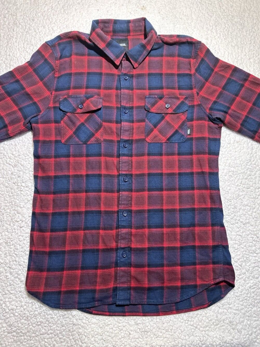 Vans Off The Wall Mens M Flannel Plaid Shirt Long Sleeve Red Blue Button Up LS